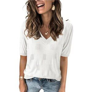 Womens V Neck Short Sleeve Summer Top Lightweight Knit Ribbed Casual Shirt